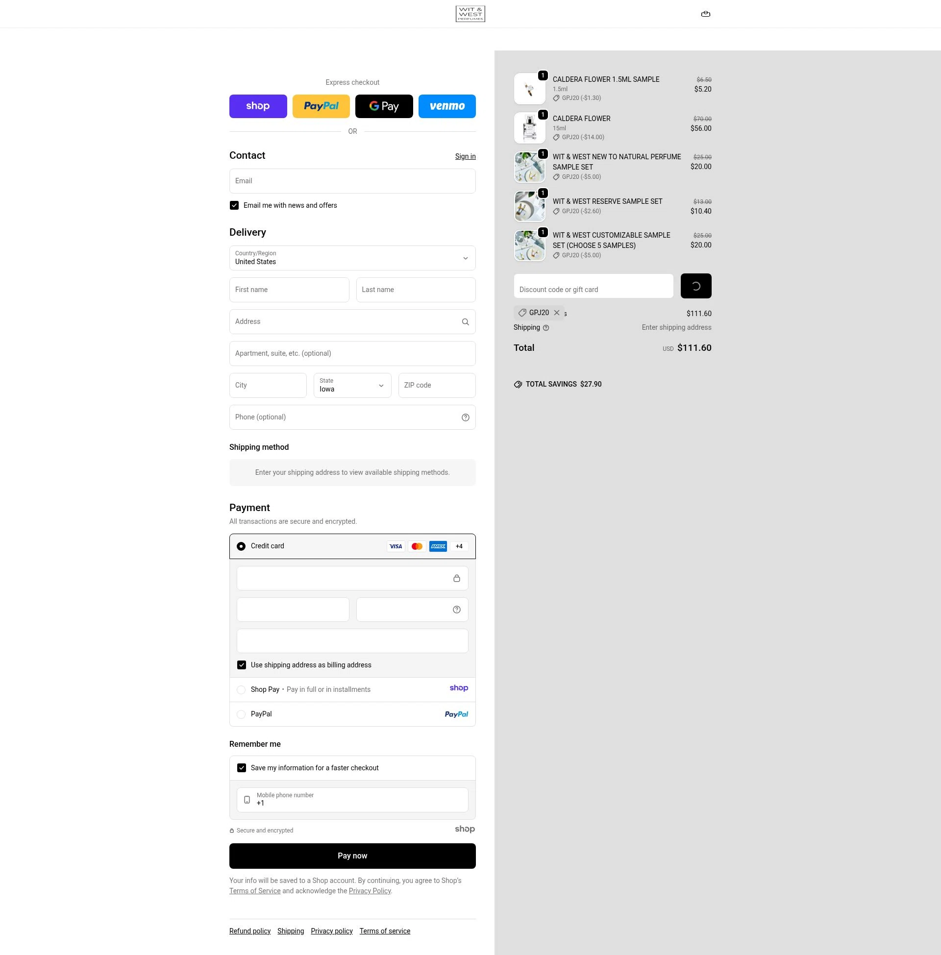 Wit & West Perfumes checkout page showing Wit & West Perfumes promo code box | Screenshot taken by SimplyCodes community member on Dec 29, 2025