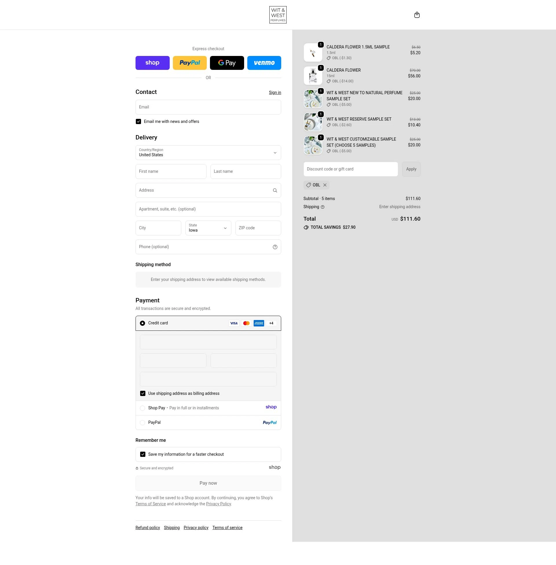 Wit & West Perfumes checkout page showing Wit & West Perfumes promo code box | Screenshot taken by SimplyCodes community member on Jan 3, 2026