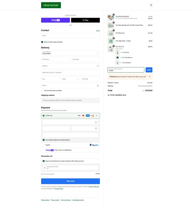 Character checkout page showing Character promo code box | Screenshot taken by SimplyCodes community member on Jan 2, 2025
