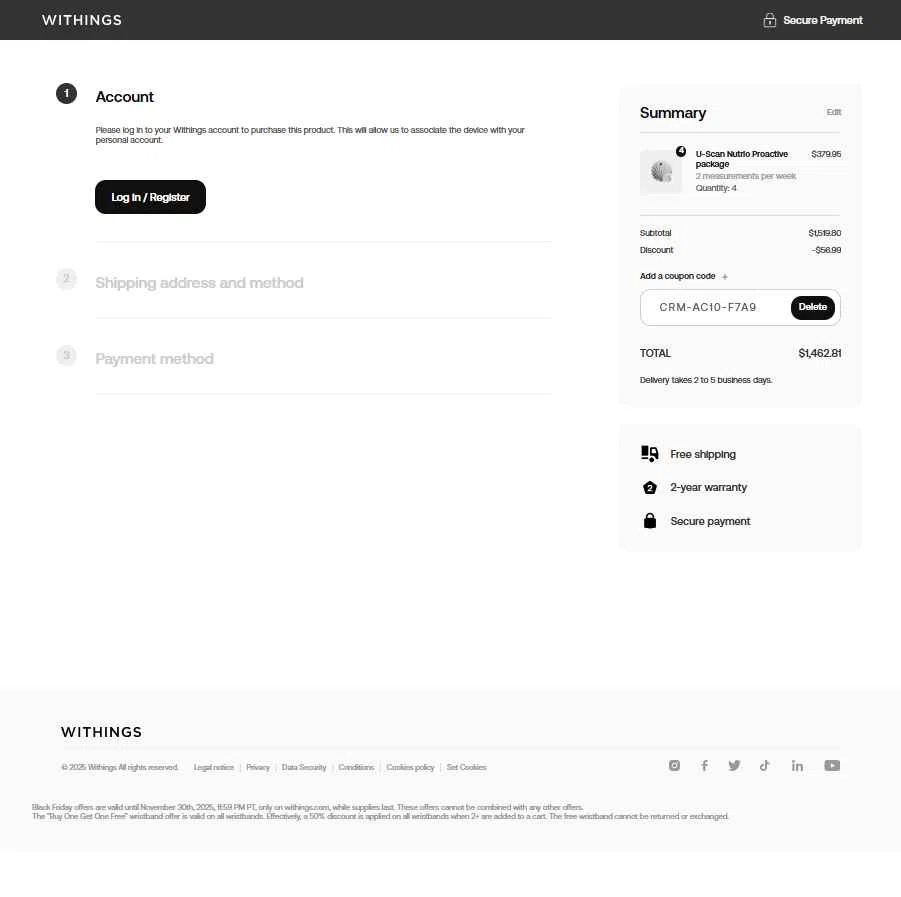 Withings checkout page showing Withings coupon code box | Screenshot taken by SimplyCodes community member on Nov 19, 2025
