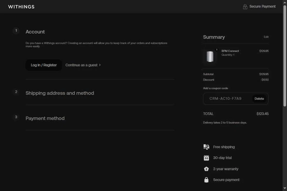 Withings checkout page showing Withings coupon code box | Screenshot taken by SimplyCodes community member on Aug 5, 2025
