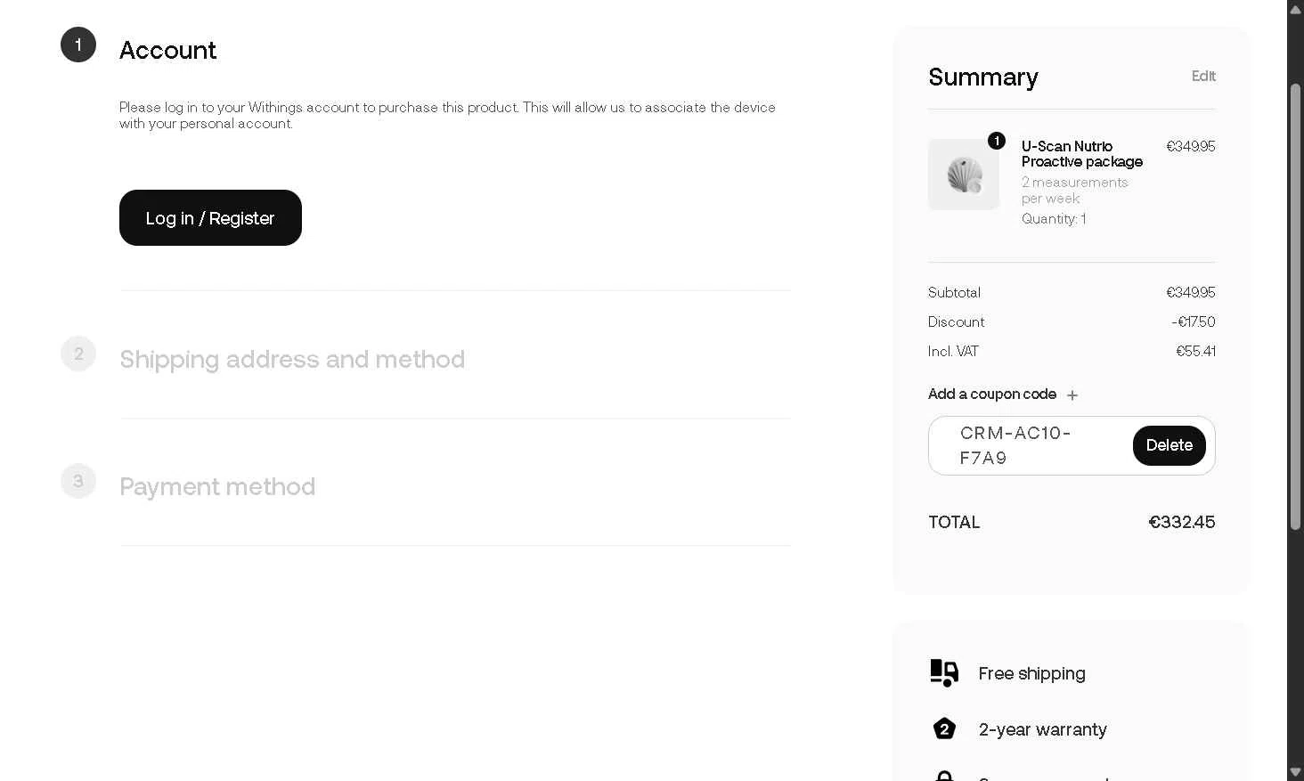 Withings checkout page showing Withings coupon code box | Screenshot taken by SimplyCodes community member on Dec 1, 2025