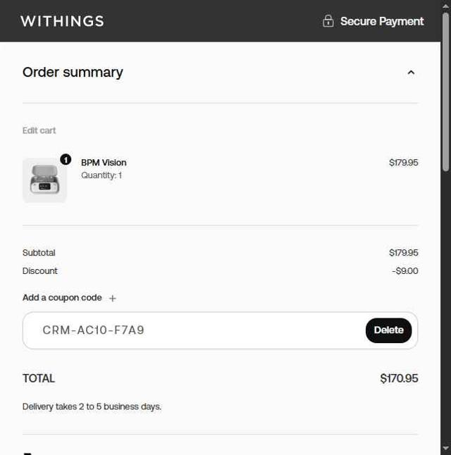 Withings checkout page showing Withings coupon code box | Screenshot taken by SimplyCodes community member on Jun 29, 2025