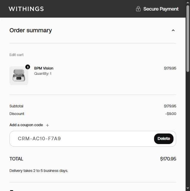 Withings checkout page showing Withings coupon code box | Screenshot taken by SimplyCodes community member on Jun 29, 2025