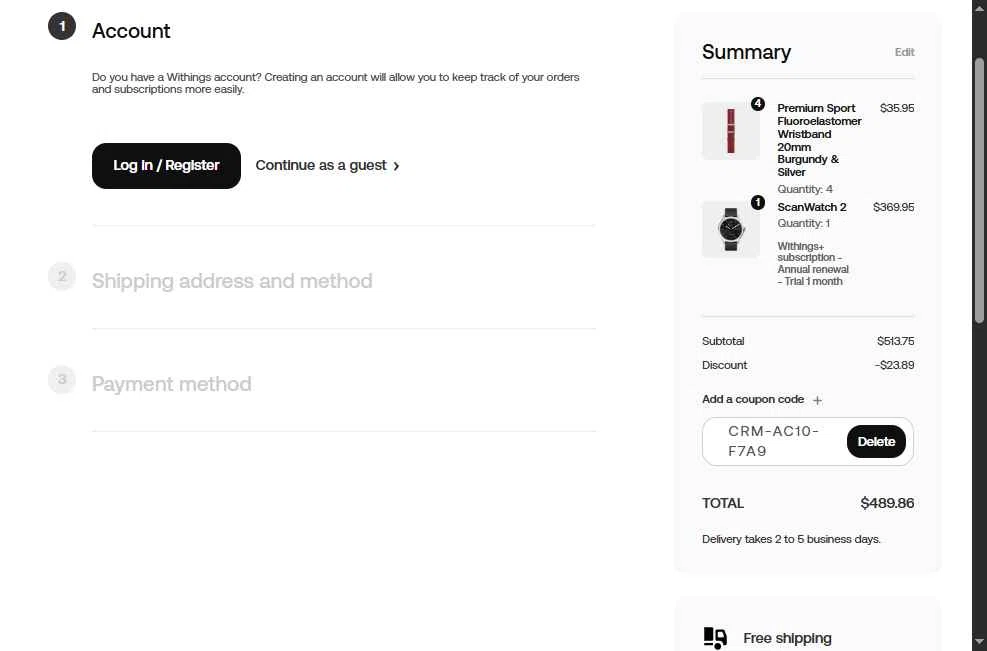 Withings checkout page showing Withings coupon code box | Screenshot taken by SimplyCodes community member on Sep 22, 2025