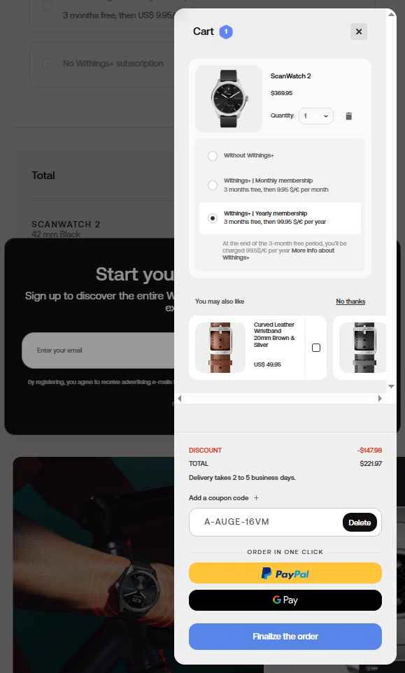 Withings checkout page showing Withings coupon code box | Screenshot taken by SimplyCodes community member on Aug 11, 2025
