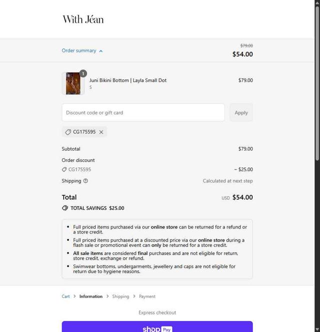 With Jéan US checkout page showing With Jéan US promo code box | Screenshot taken by SimplyCodes community member on Jul 6, 2025