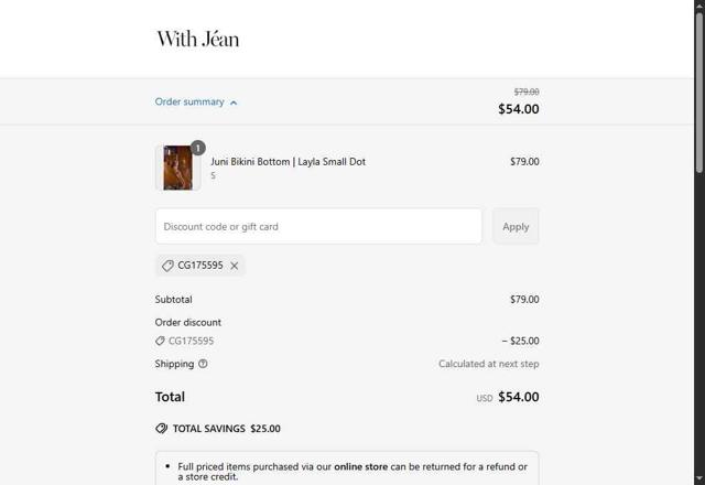 With Jéan US checkout page showing With Jéan US promo code box | Screenshot taken by SimplyCodes community member on Jul 1, 2025