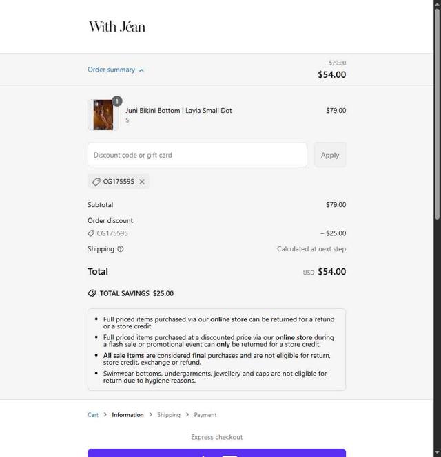 With Jéan US checkout page showing With Jéan US promo code box | Screenshot taken by SimplyCodes community member on Jun 23, 2025