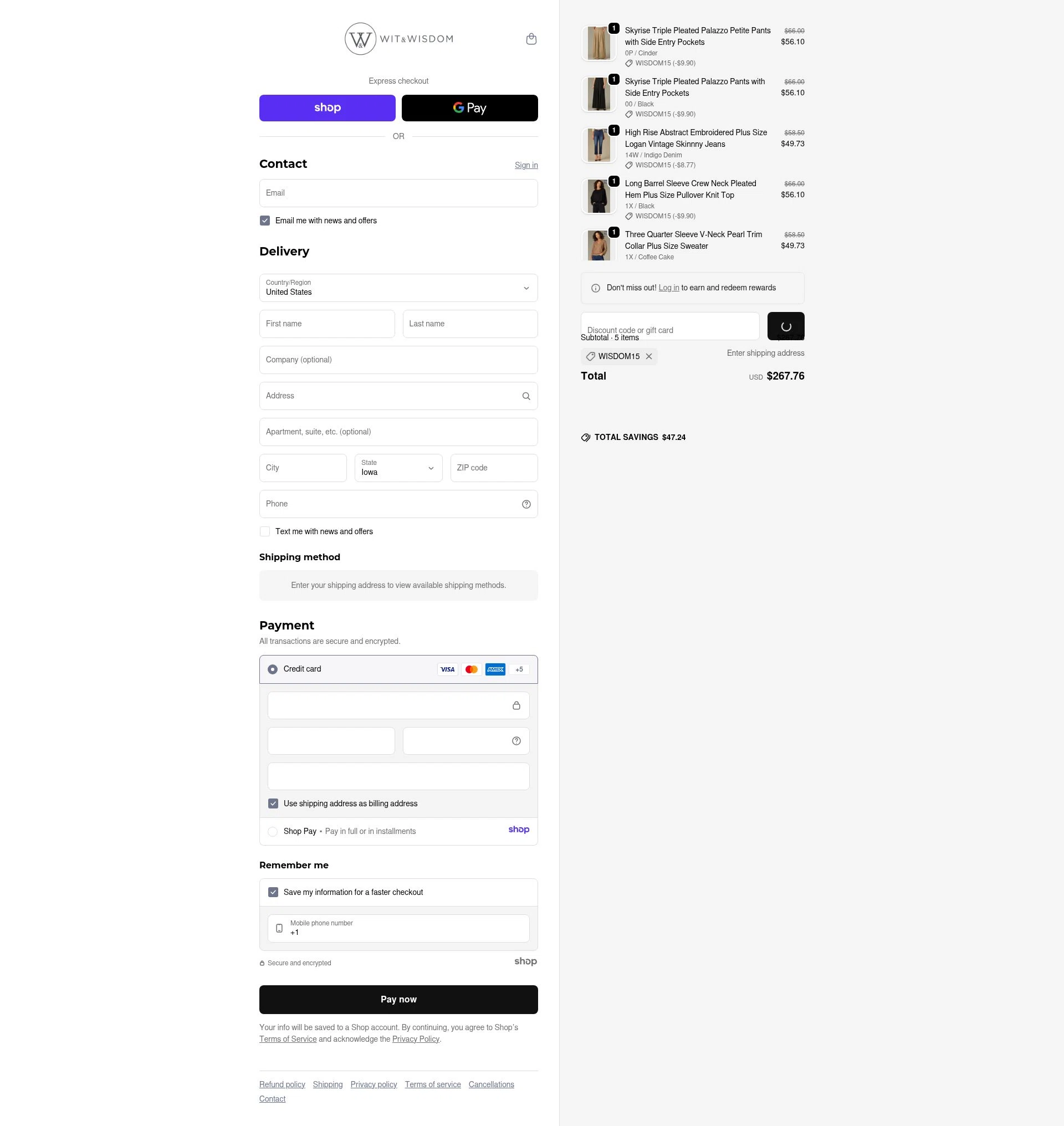 Wit & Wisdom Clothing checkout page showing Wit & Wisdom Clothing promo code box | Screenshot taken by SimplyCodes community member on Dec 23, 2025