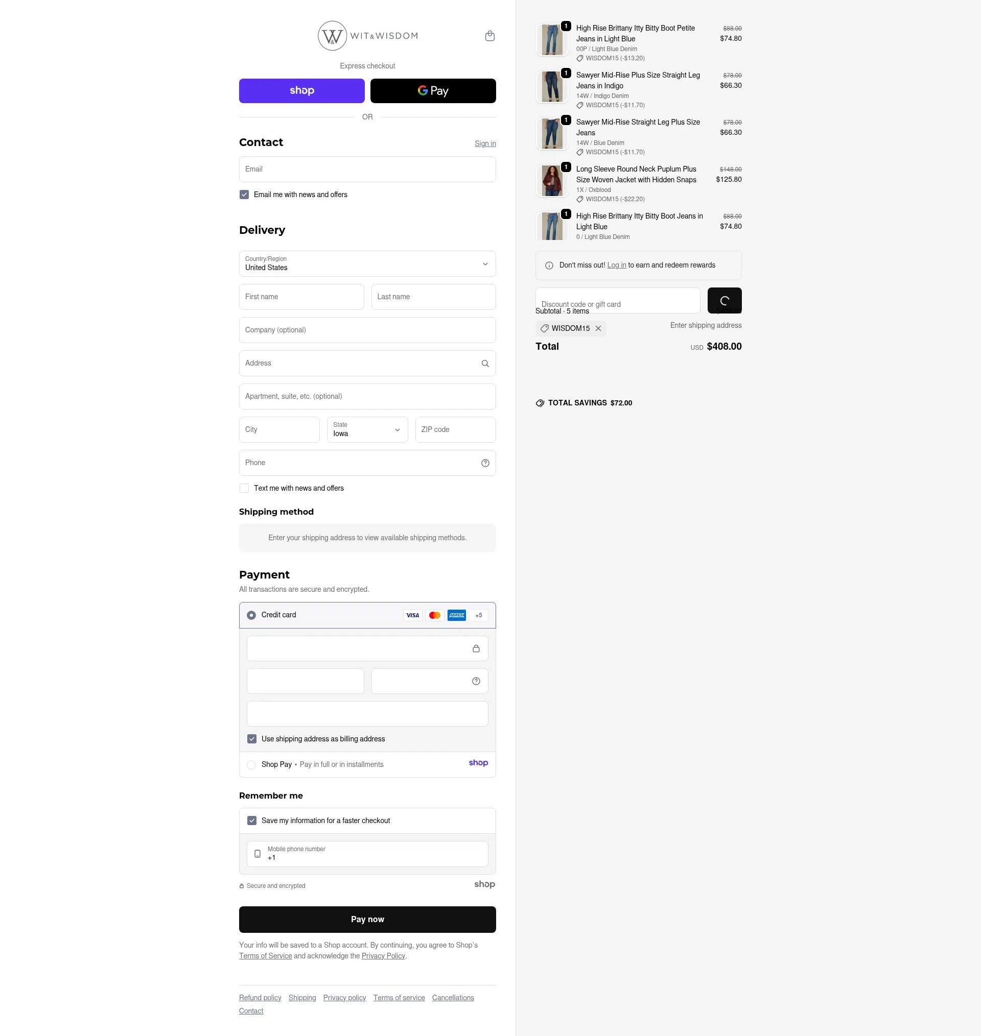 Wit & Wisdom Clothing checkout page showing Wit & Wisdom Clothing promo code box | Screenshot taken by SimplyCodes community member on Dec 16, 2025