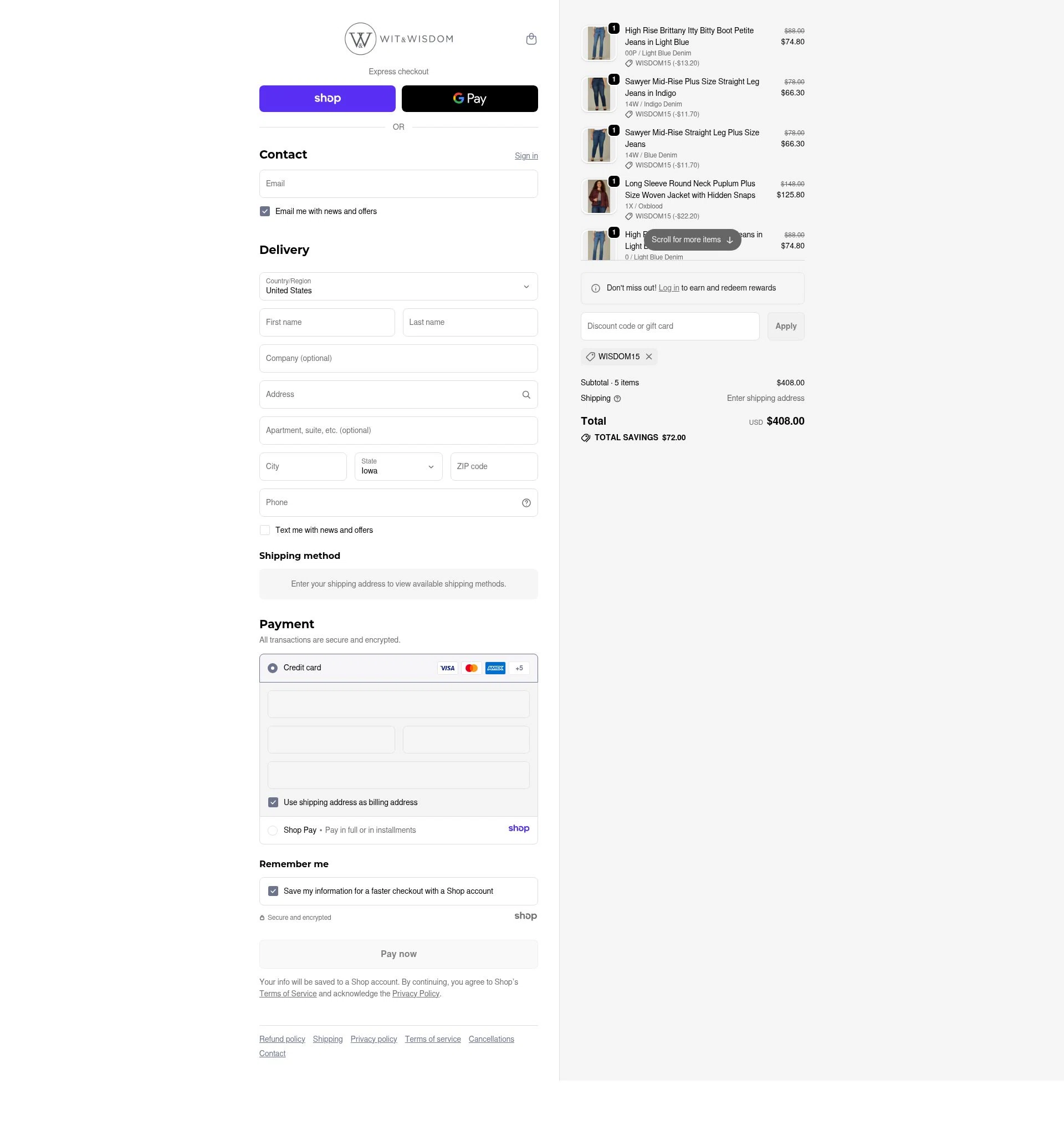 Wit & Wisdom Clothing checkout page showing Wit & Wisdom Clothing promo code box | Screenshot taken by SimplyCodes community member on Dec 10, 2025