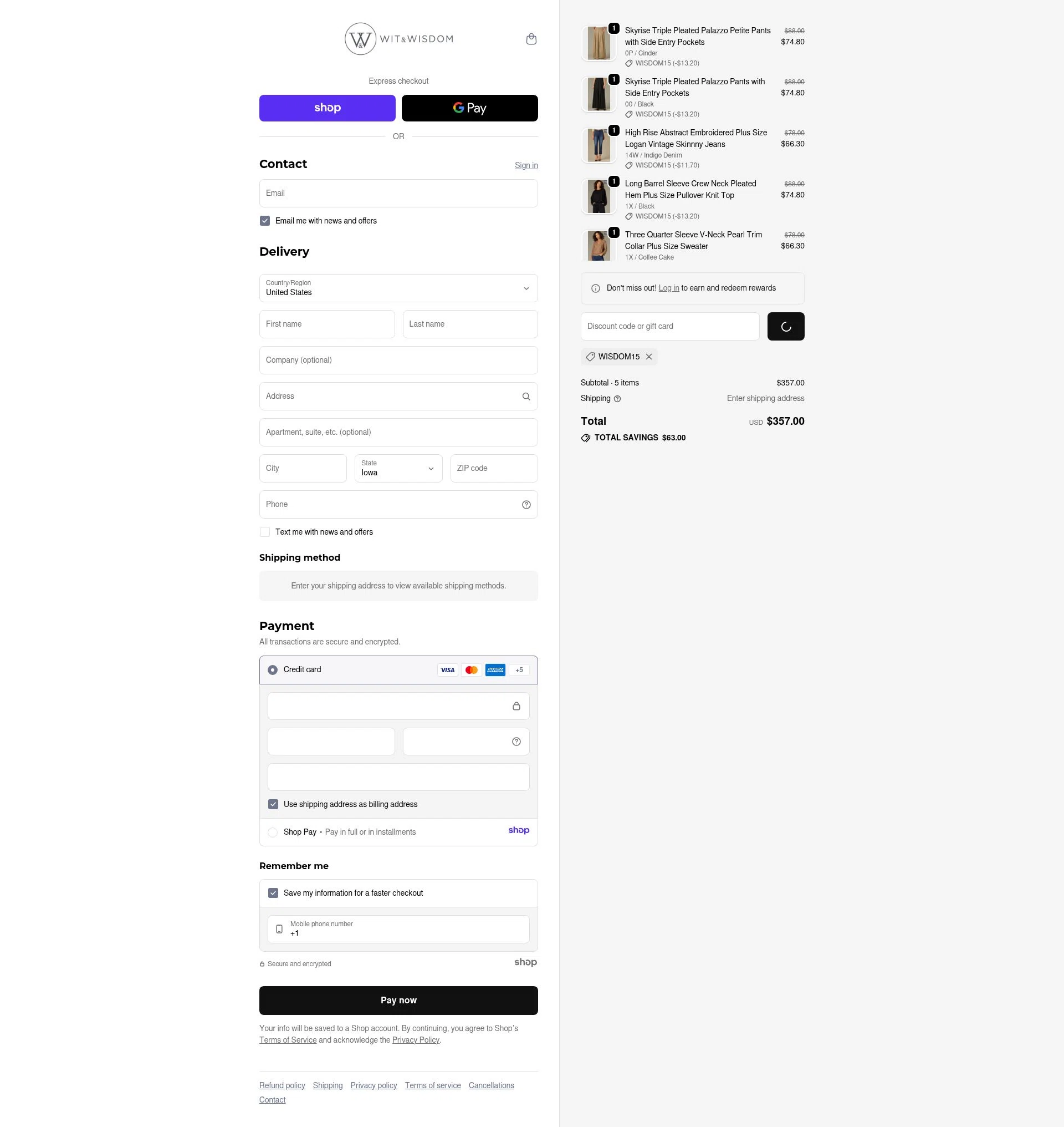 Wit & Wisdom Clothing checkout page showing Wit & Wisdom Clothing promo code box | Screenshot taken by SimplyCodes community member on Dec 28, 2025