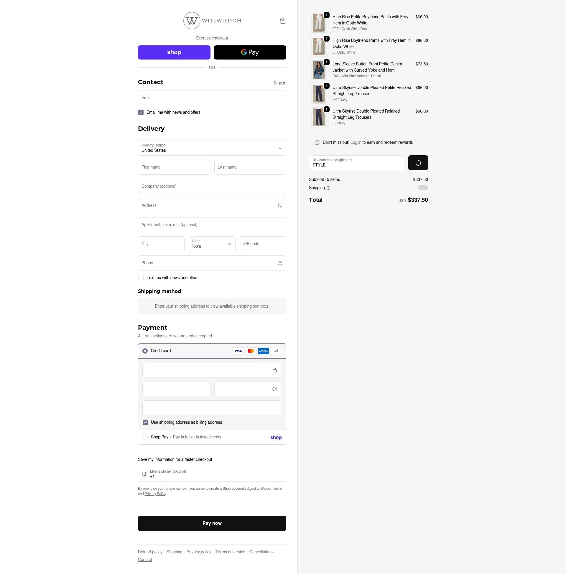 Wit & Wisdom Clothing checkout page showing Wit & Wisdom Clothing promo code box | Screenshot taken by SimplyCodes community member on Feb 17, 2026