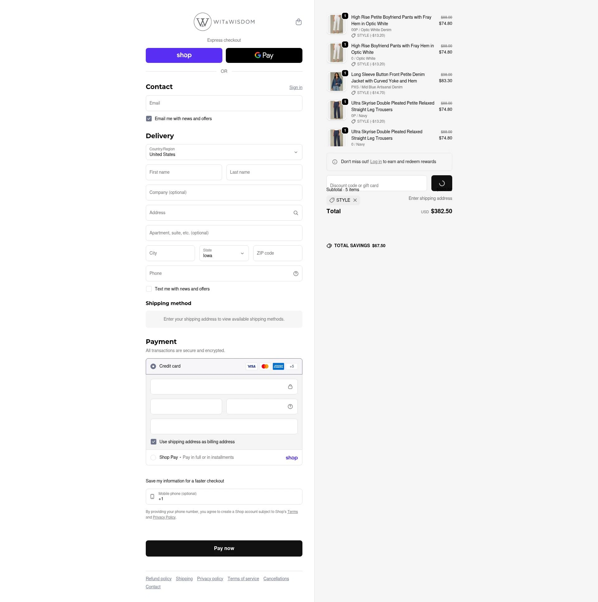 Wit & Wisdom Clothing checkout page showing Wit & Wisdom Clothing promo code box | Screenshot taken by SimplyCodes community member on Feb 11, 2026