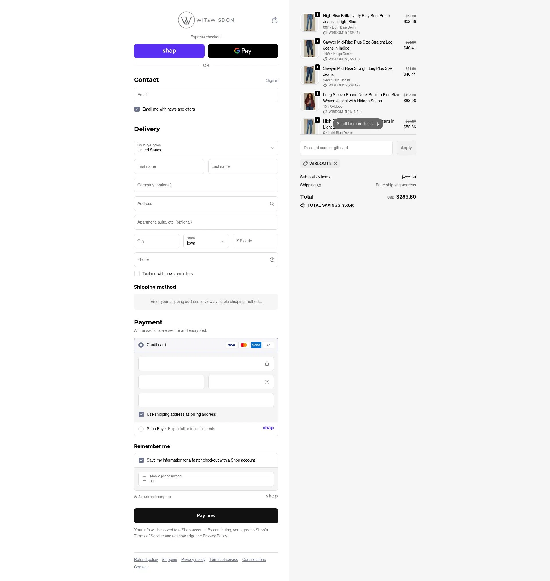 Wit & Wisdom Clothing checkout page showing Wit & Wisdom Clothing promo code box | Screenshot taken by SimplyCodes community member on Nov 24, 2025