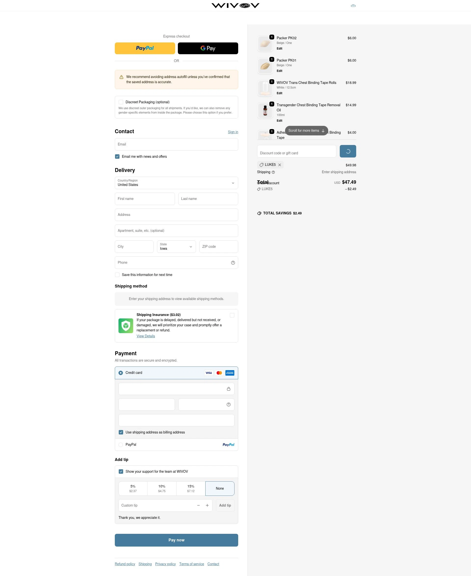 Wivov checkout page showing Wivov discount code box | Screenshot taken by SimplyCodes community member on Feb 9, 2026