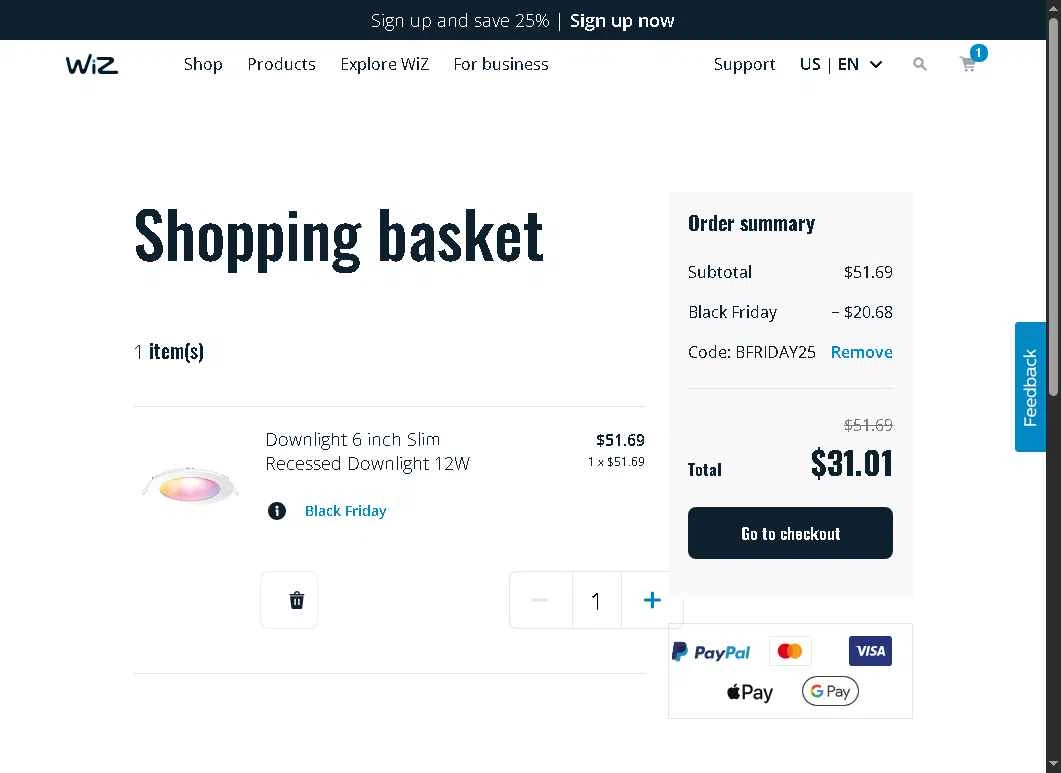 WiZ checkout page showing WiZ promo code box | Screenshot taken by SimplyCodes community member on Nov 7, 2025