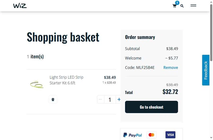 WiZ checkout page showing WiZ promo code box | Screenshot taken by SimplyCodes community member on Jul 8, 2025