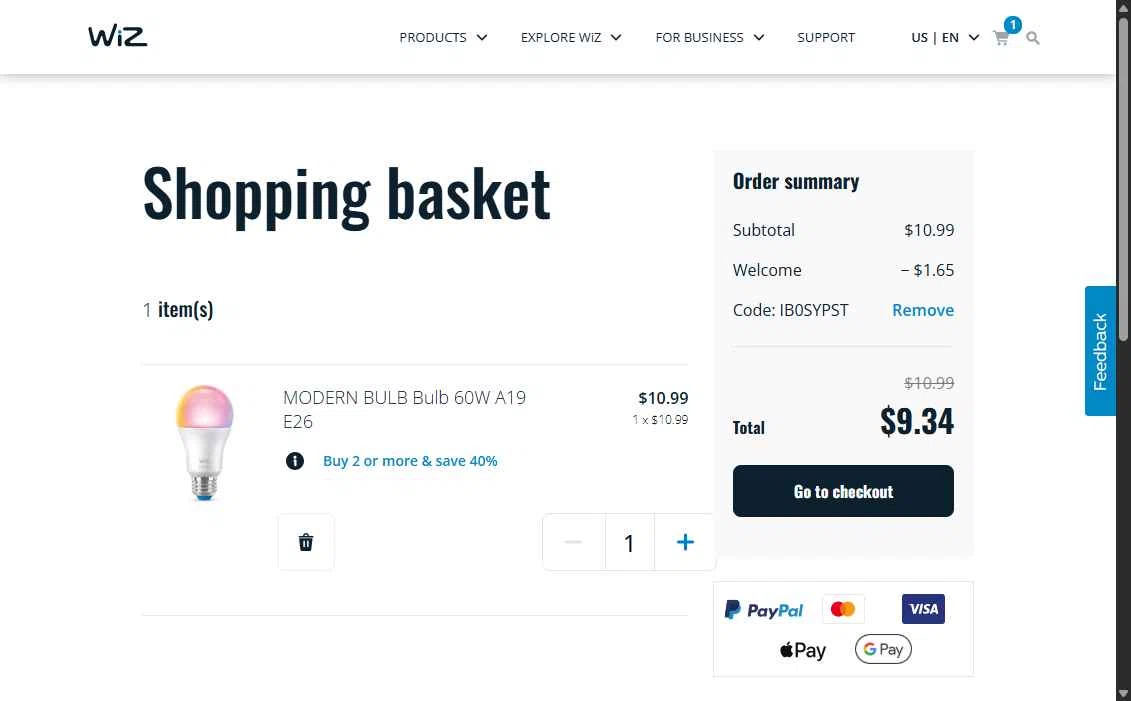 WiZ checkout page showing WiZ promo code box | Screenshot taken by SimplyCodes community member on Jun 18, 2025