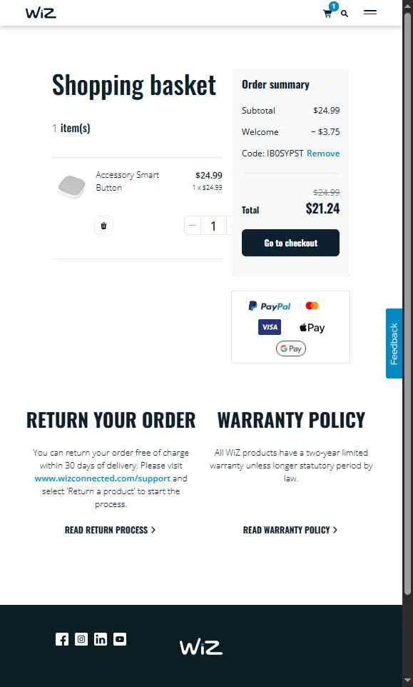 WiZ checkout page showing WiZ promo code box | Screenshot taken by SimplyCodes community member on Jun 26, 2025
