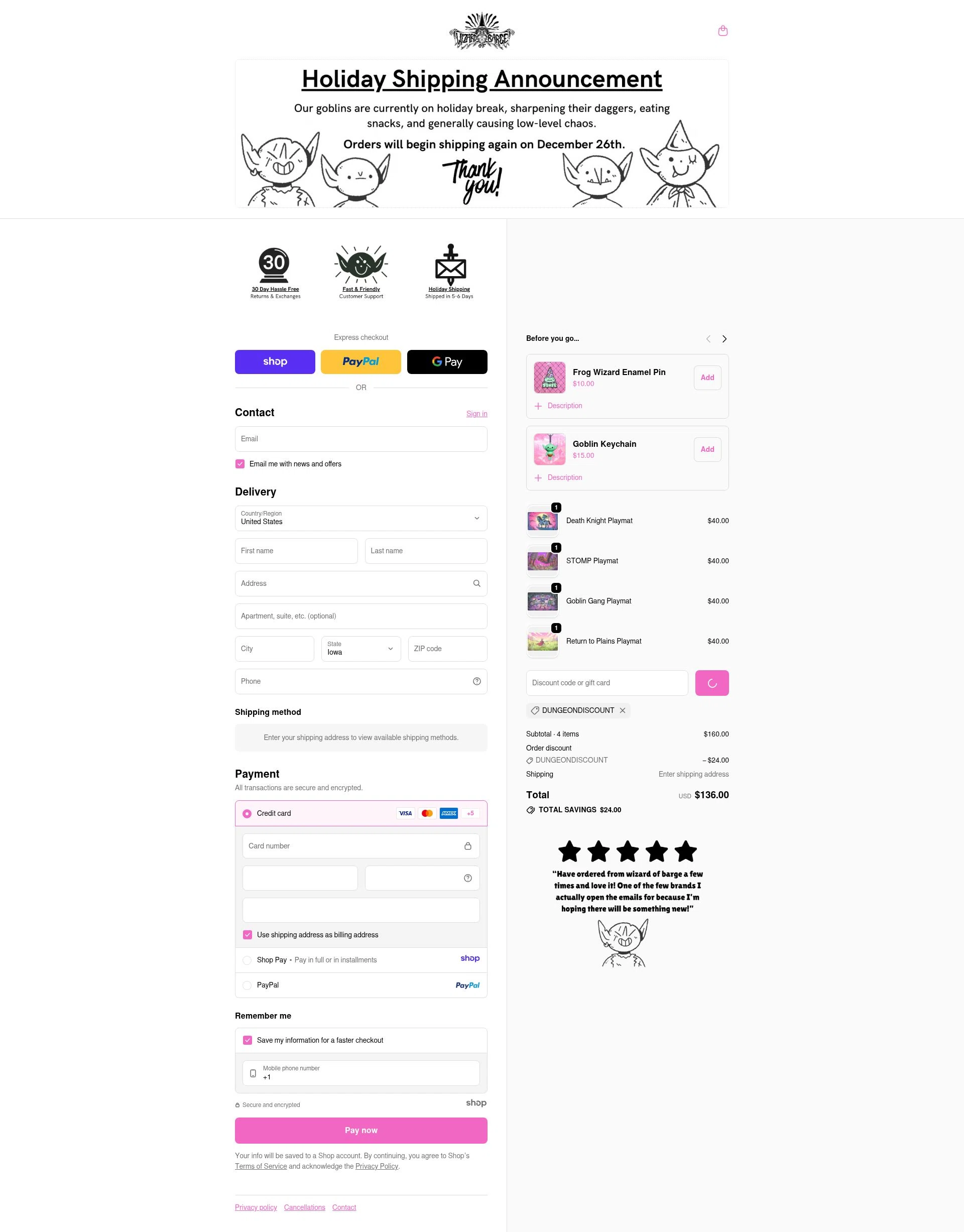 Wizard of Barge checkout page showing Wizard of Barge discount code box | Screenshot taken by SimplyCodes community member on Dec 22, 2025