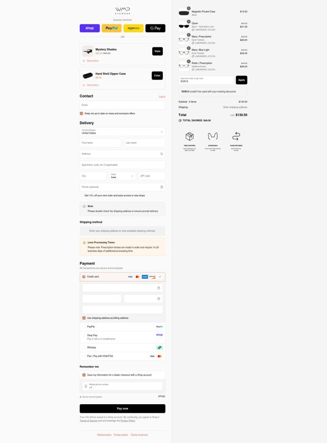 WMP Eyewear checkout page showing WMP Eyewear discount code box | Screenshot taken by SimplyCodes community member on Sep 2, 2025