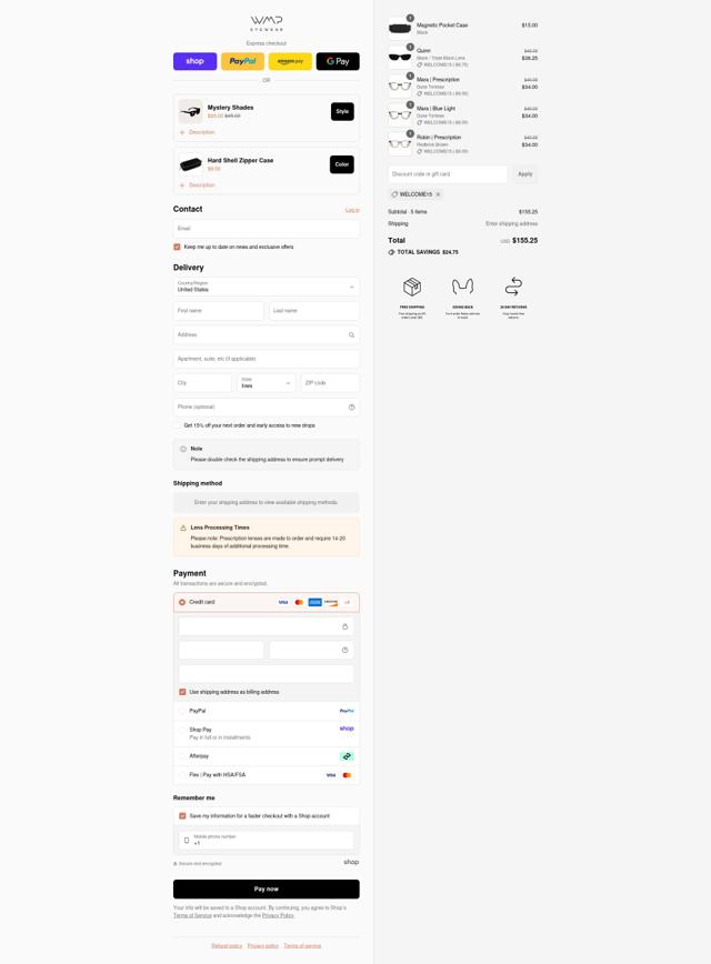 WMP Eyewear checkout page showing WMP Eyewear discount code box | Screenshot taken by SimplyCodes community member on Sep 6, 2025