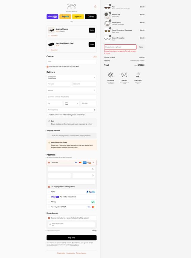 WMP Eyewear checkout page showing WMP Eyewear discount code box | Screenshot taken by SimplyCodes community member on Aug 3, 2025