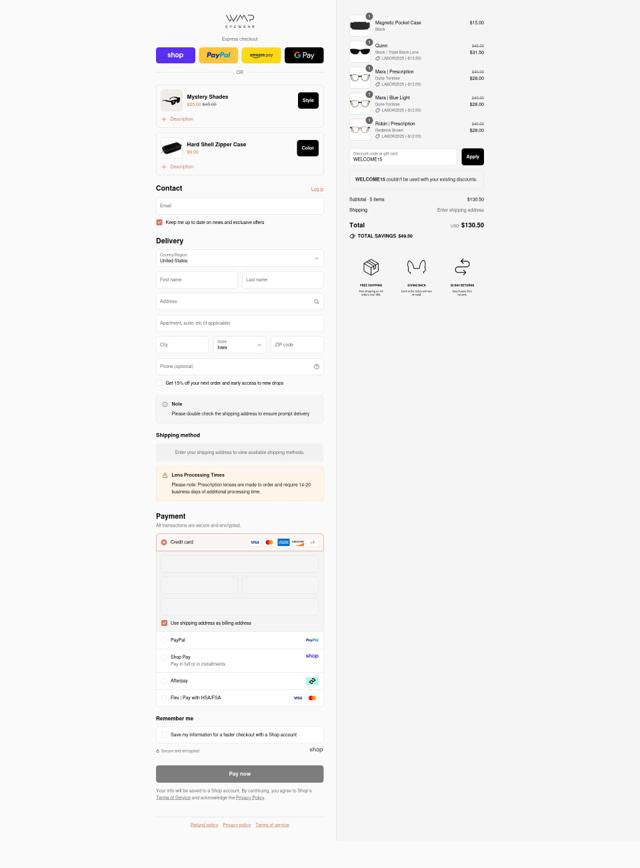 WMP Eyewear checkout page showing WMP Eyewear discount code box | Screenshot taken by SimplyCodes community member on Sep 2, 2025