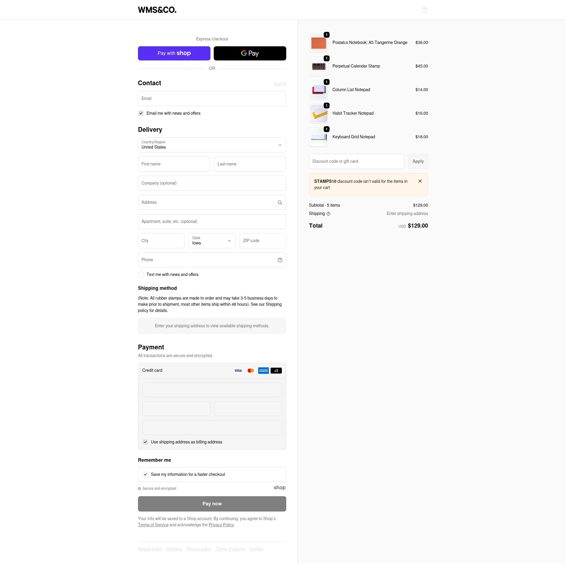 Wms&Co. checkout page showing Wms&Co. promo code box | Screenshot taken by SimplyCodes community member on Jan 10, 2026