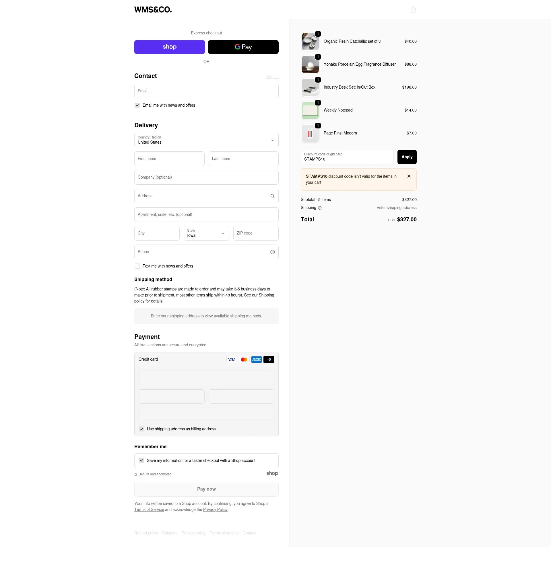 Wms&Co. checkout page showing Wms&Co. promo code box | Screenshot taken by SimplyCodes community member on Dec 8, 2025