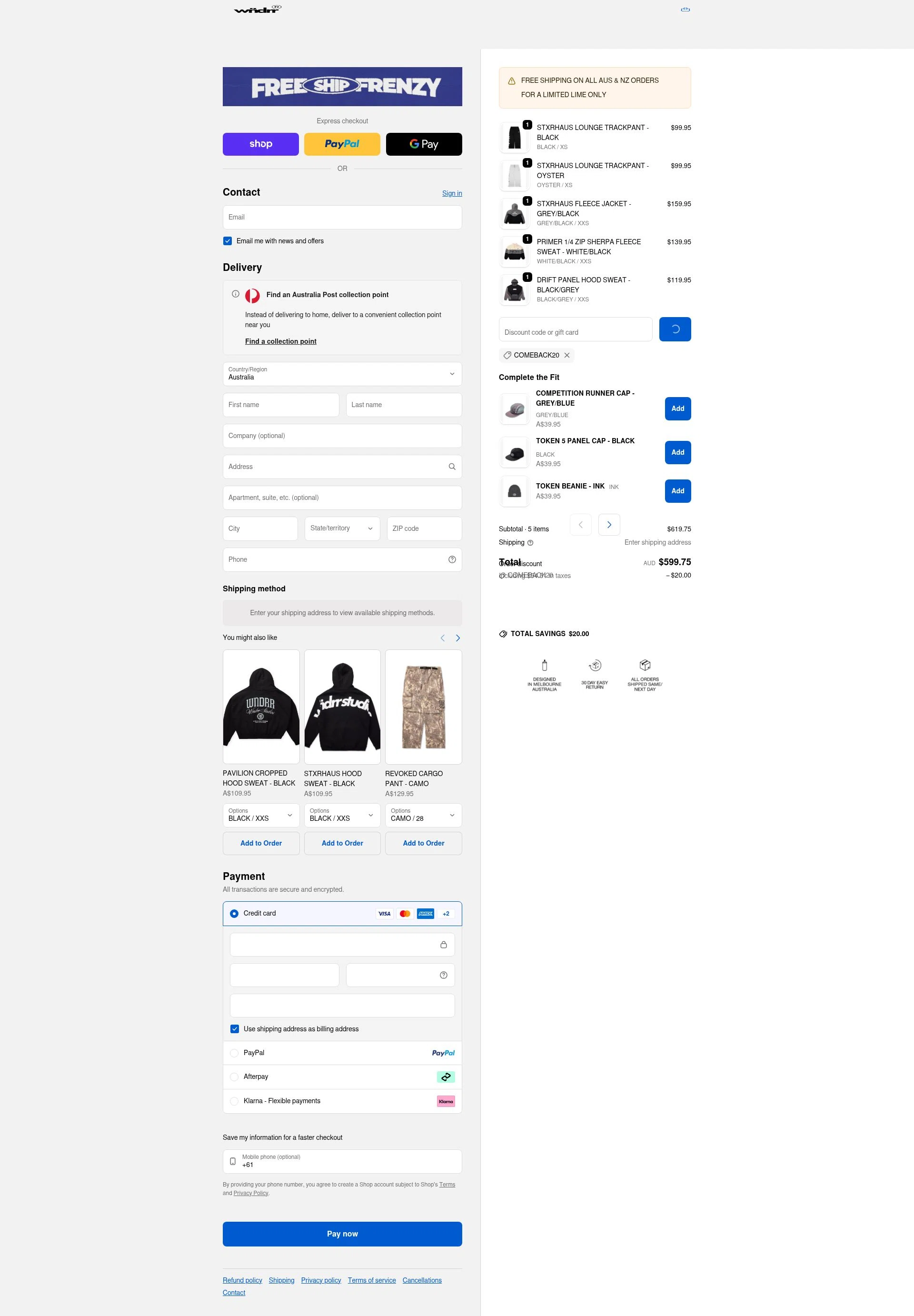 WNDRR checkout page showing WNDRR discount code box | Screenshot taken by SimplyCodes community member on Feb 16, 2026