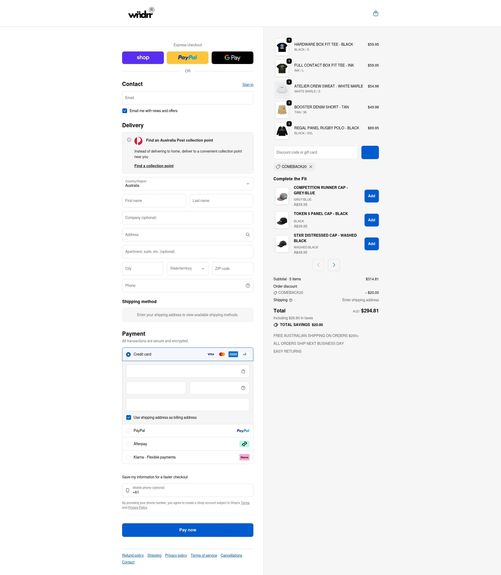 WNDRR checkout page showing WNDRR discount code box | Screenshot taken by SimplyCodes community member on Feb 8, 2026