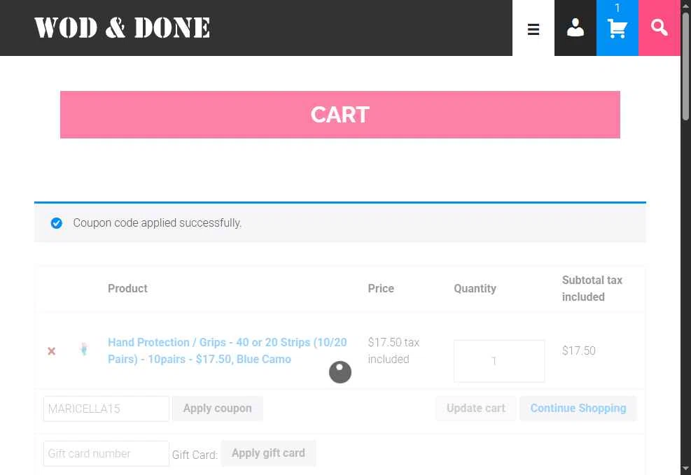 Wod & Done checkout page showing Wod & Done coupon code box | Screenshot taken by SimplyCodes community member on Jan 16, 2026