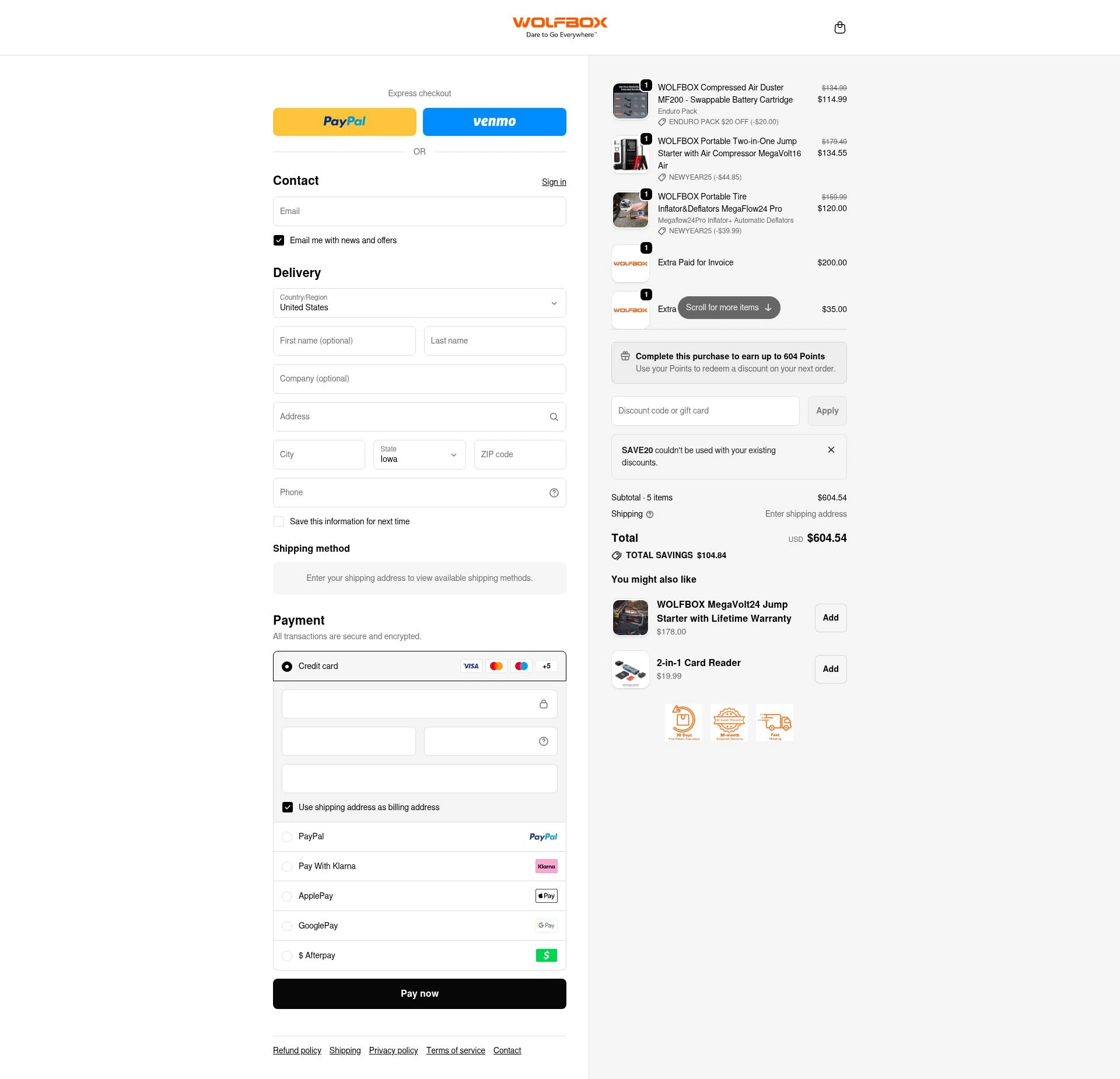 Wolfbox checkout page showing Wolfbox discount code box | Screenshot taken by SimplyCodes community member on Jan 6, 2026