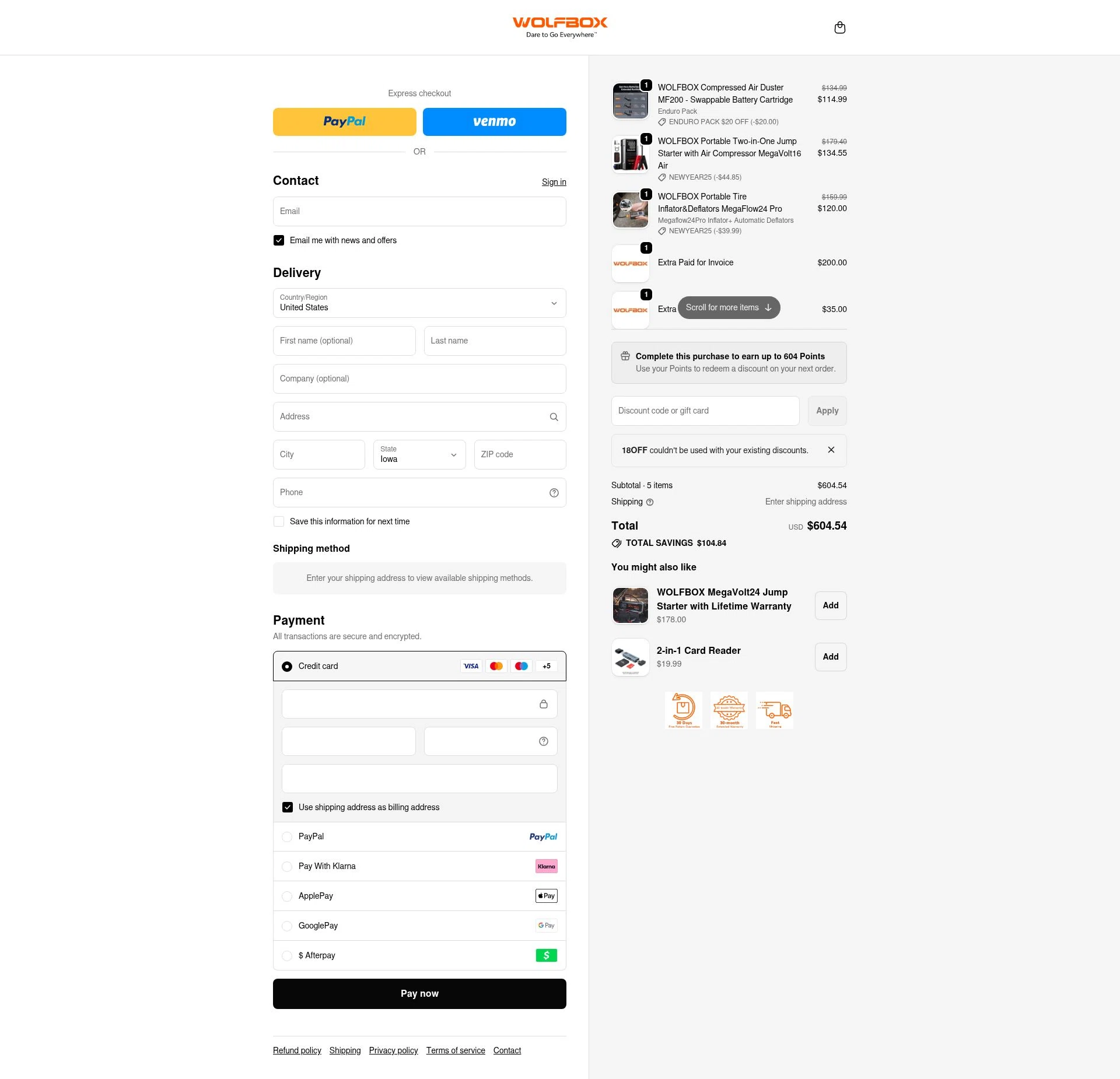 Wolfbox checkout page showing Wolfbox discount code box | Screenshot taken by SimplyCodes community member on Jan 6, 2026
