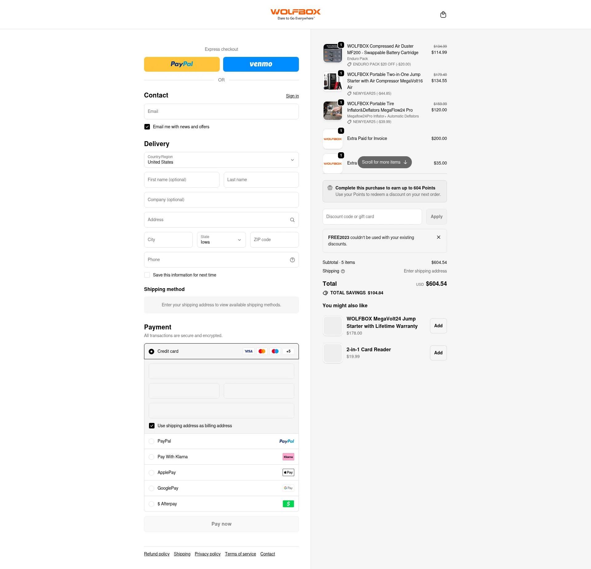Wolfbox checkout page showing Wolfbox discount code box | Screenshot taken by SimplyCodes community member on Jan 6, 2026