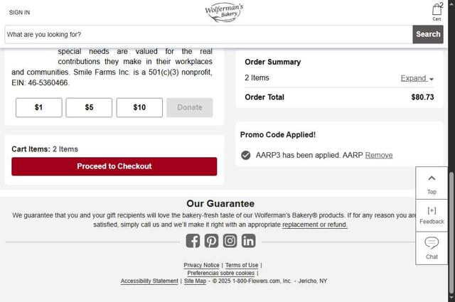 Wolferman's Bakery checkout page showing Wolferman's Bakery promo code box | Screenshot taken by SimplyCodes community member on Sep 9, 2025