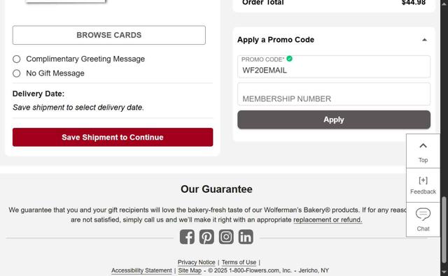 Wolferman's Bakery checkout page showing Wolferman's Bakery promo code box | Screenshot taken by SimplyCodes community member on Aug 25, 2025