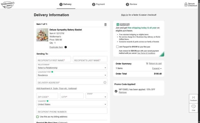 Wolferman's Bakery checkout page showing Wolferman's Bakery promo code box | Screenshot taken by SimplyCodes community member on Sep 2, 2025