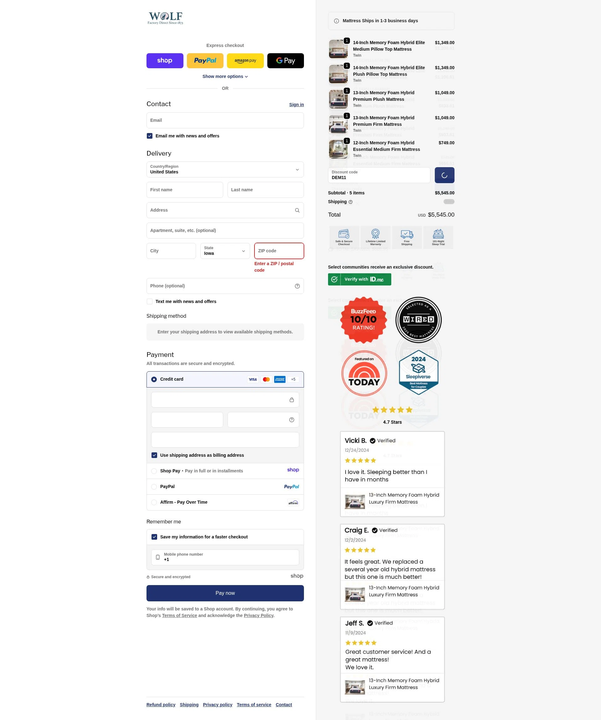 Wolf Mattress checkout page showing Wolf Mattress promo code box | Screenshot taken by SimplyCodes community member on Jan 3, 2026