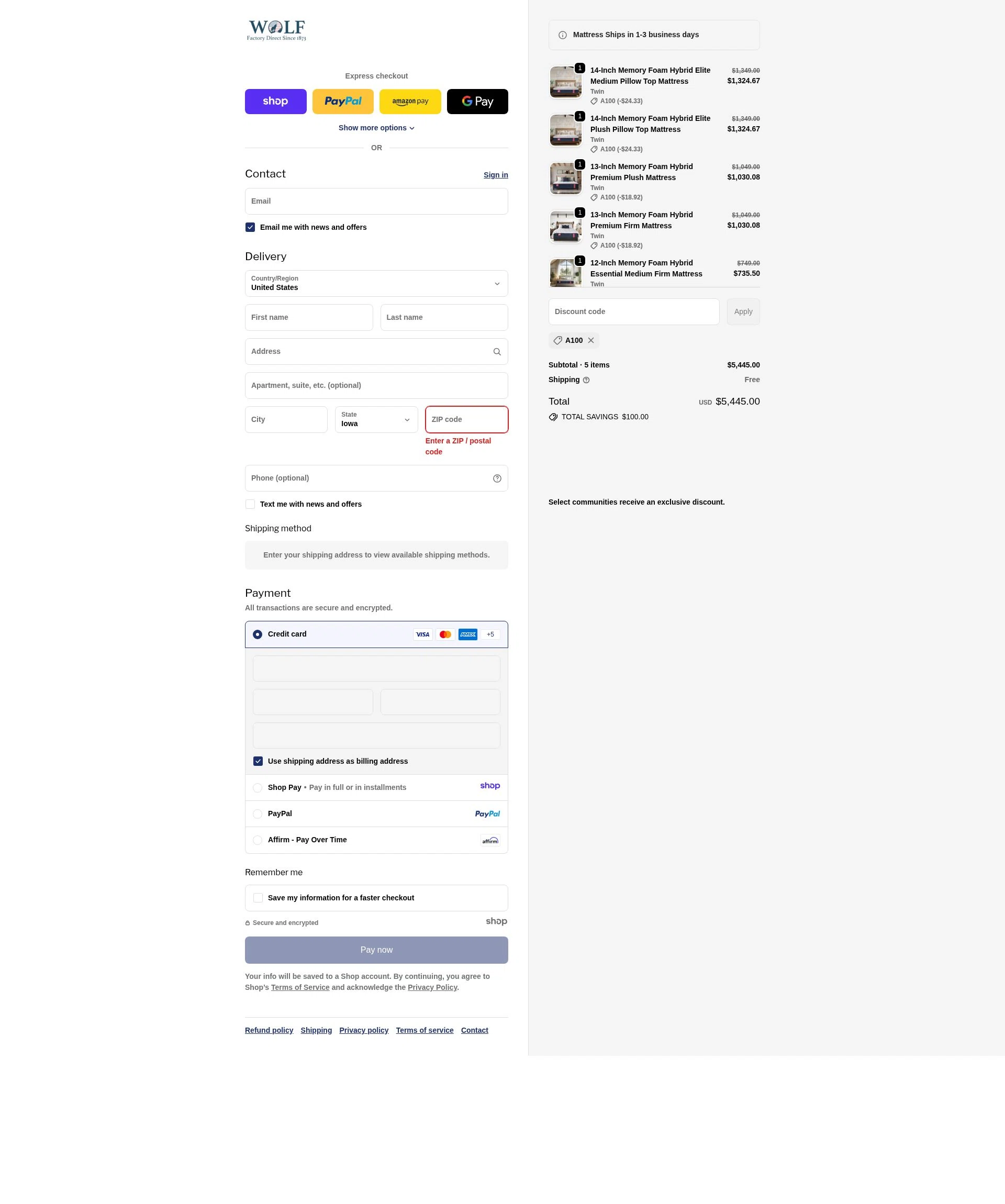 Wolf Mattress checkout page showing Wolf Mattress promo code box | Screenshot taken by SimplyCodes community member on Jan 3, 2026
