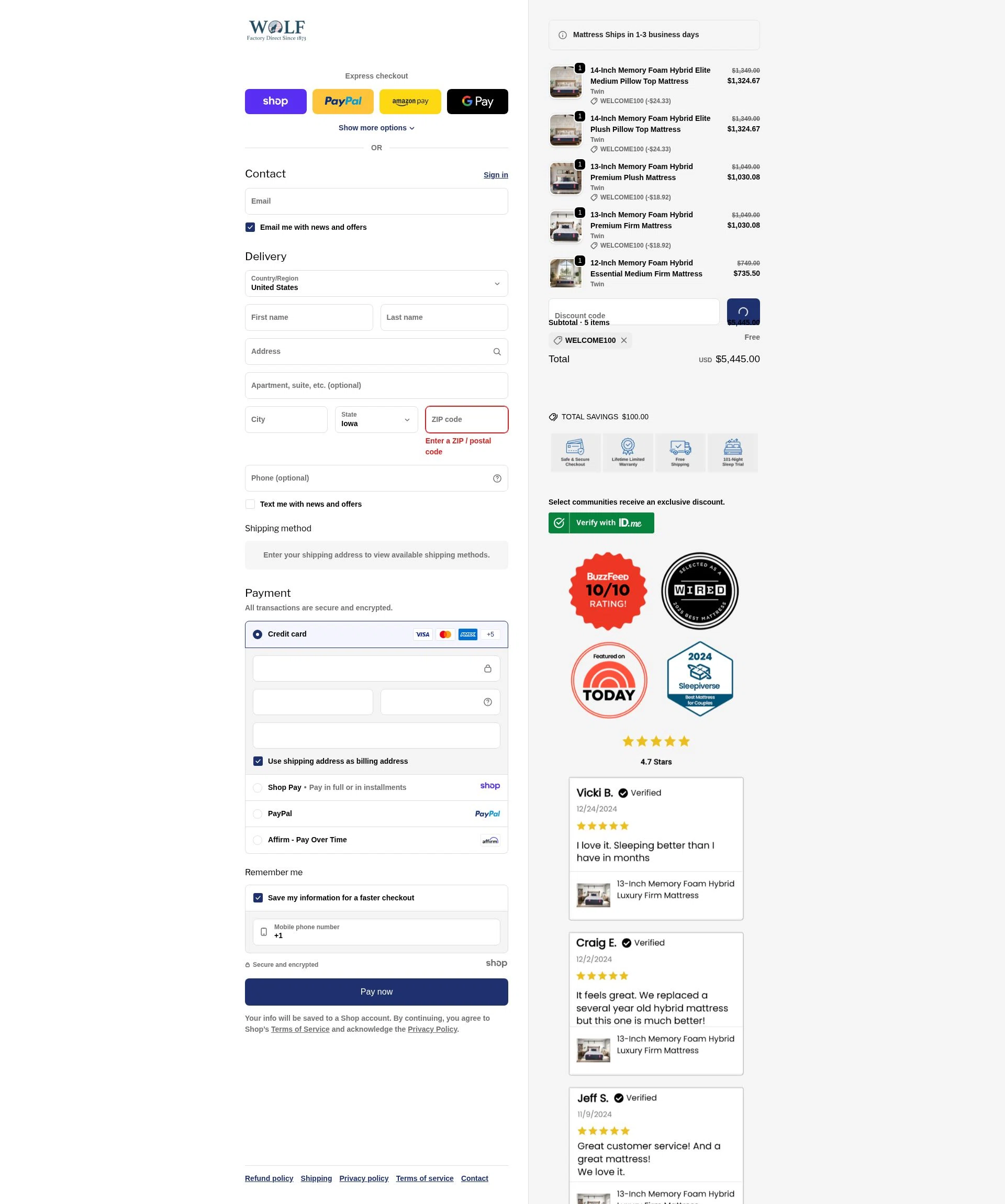 Wolf Mattress checkout page showing Wolf Mattress promo code box | Screenshot taken by SimplyCodes community member on Jan 3, 2026