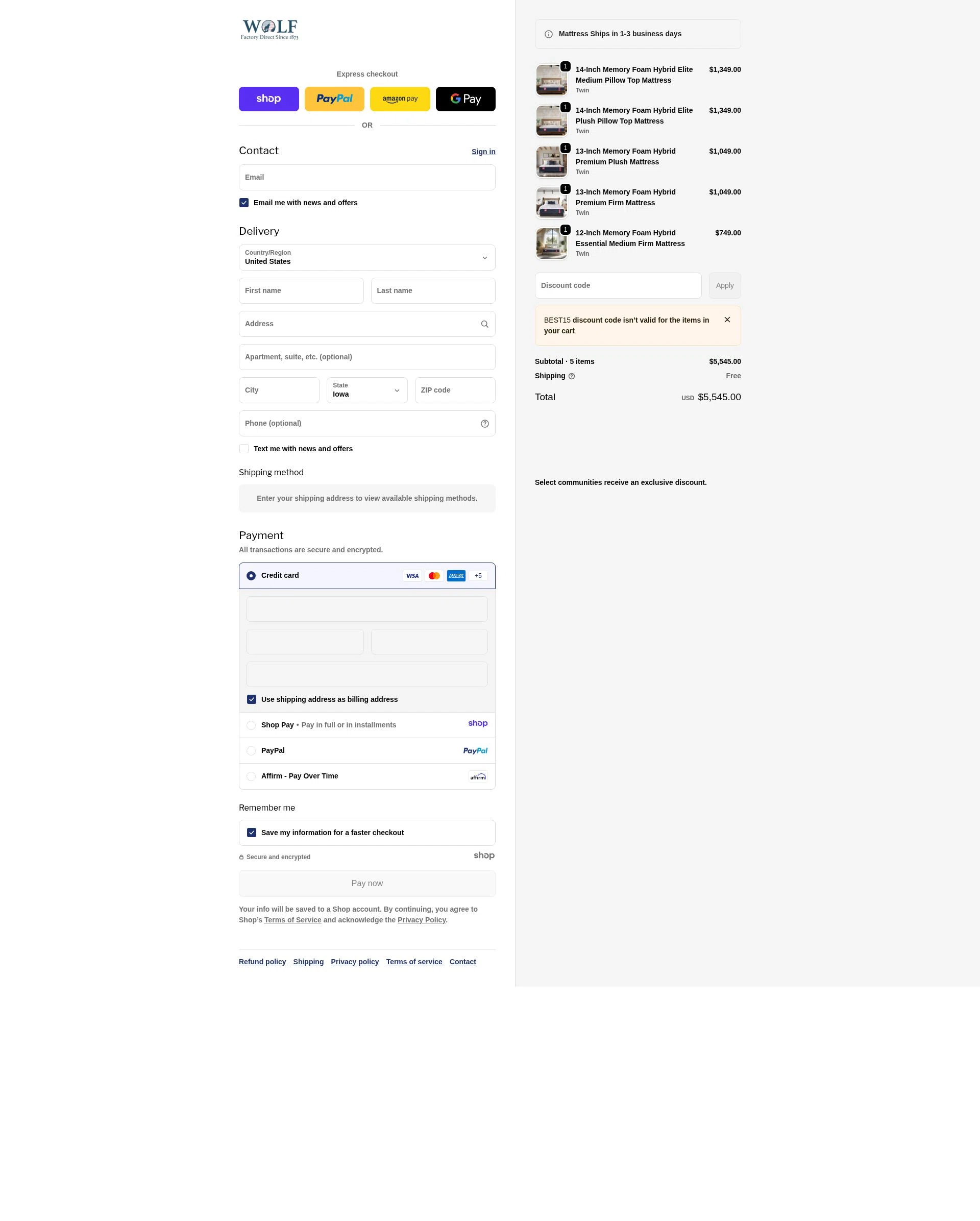 Wolf Mattress checkout page showing Wolf Mattress promo code box | Screenshot taken by SimplyCodes community member on Jan 8, 2026