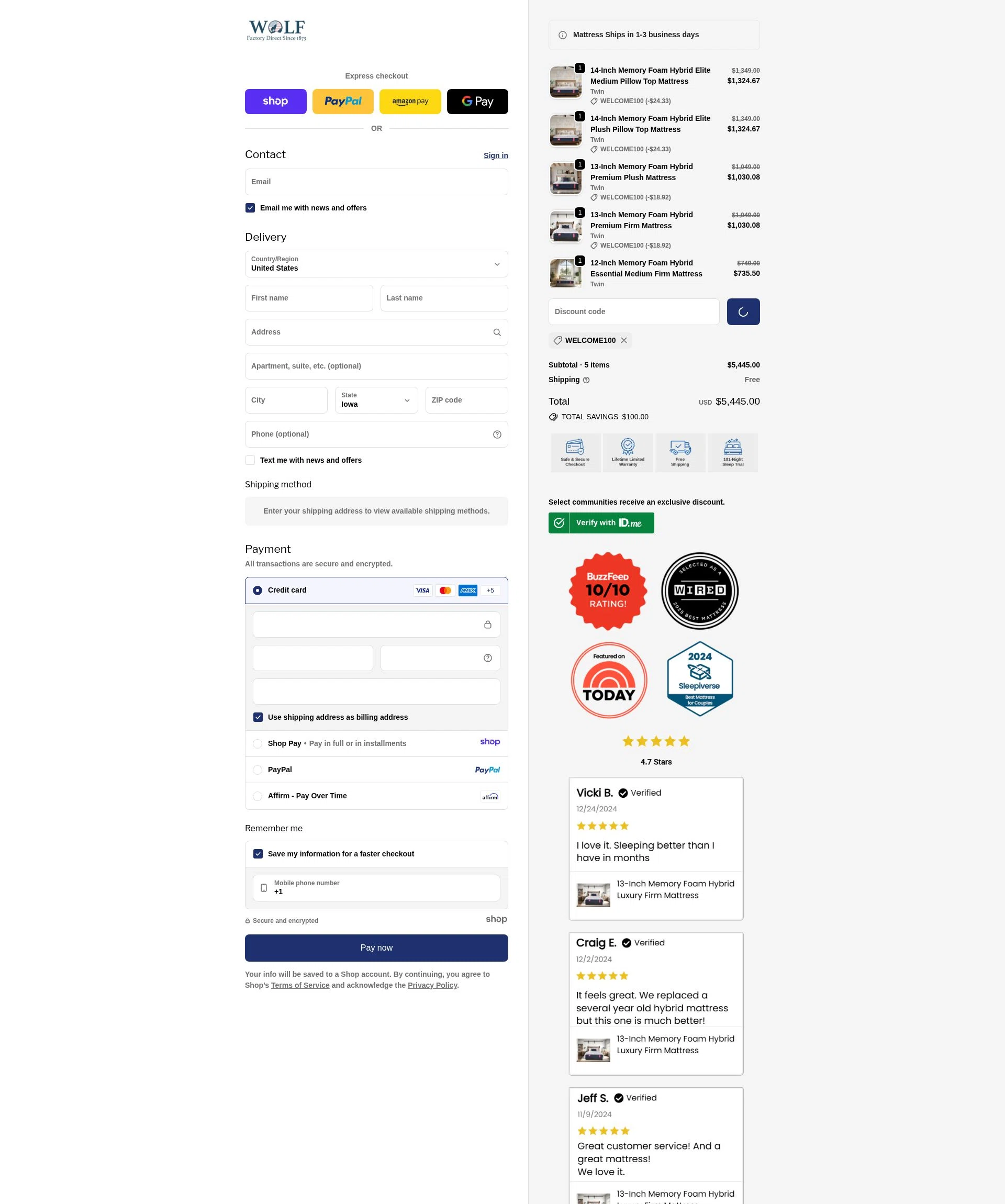 Wolf Mattress checkout page showing Wolf Mattress promo code box | Screenshot taken by SimplyCodes community member on Jan 8, 2026