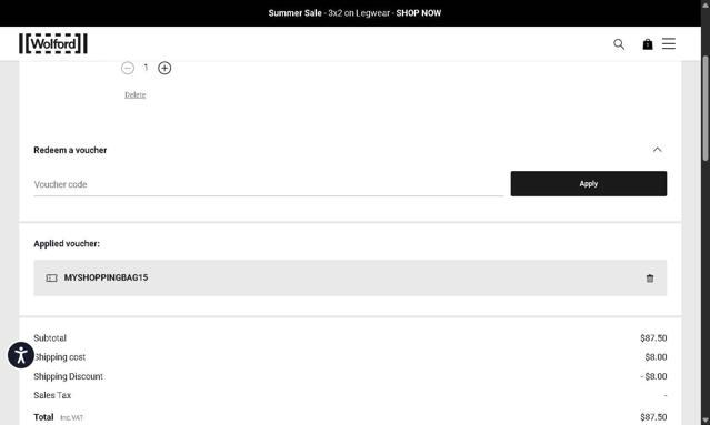Wolford checkout page showing Wolford discount code box | Screenshot taken by SimplyCodes community member on Aug 29, 2025