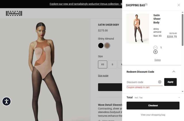 Wolford checkout page showing Wolford discount code box | Screenshot taken by SimplyCodes community member on Apr 23, 2025