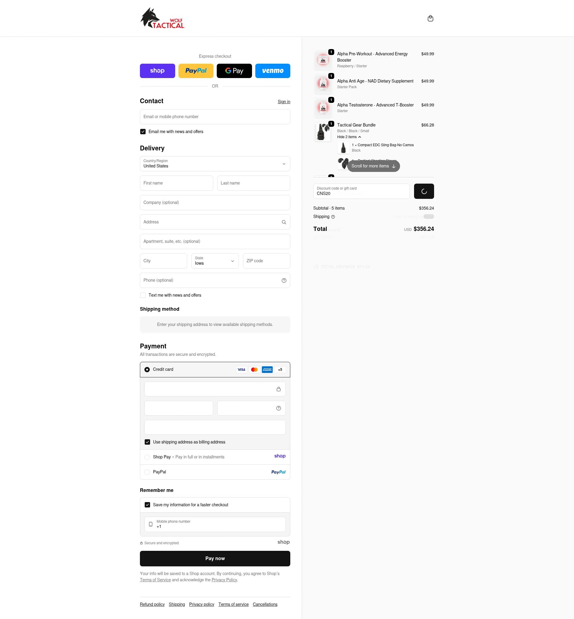Wolf Tactical checkout page showing Wolf Tactical discount code box | Screenshot taken by SimplyCodes community member on Dec 23, 2025