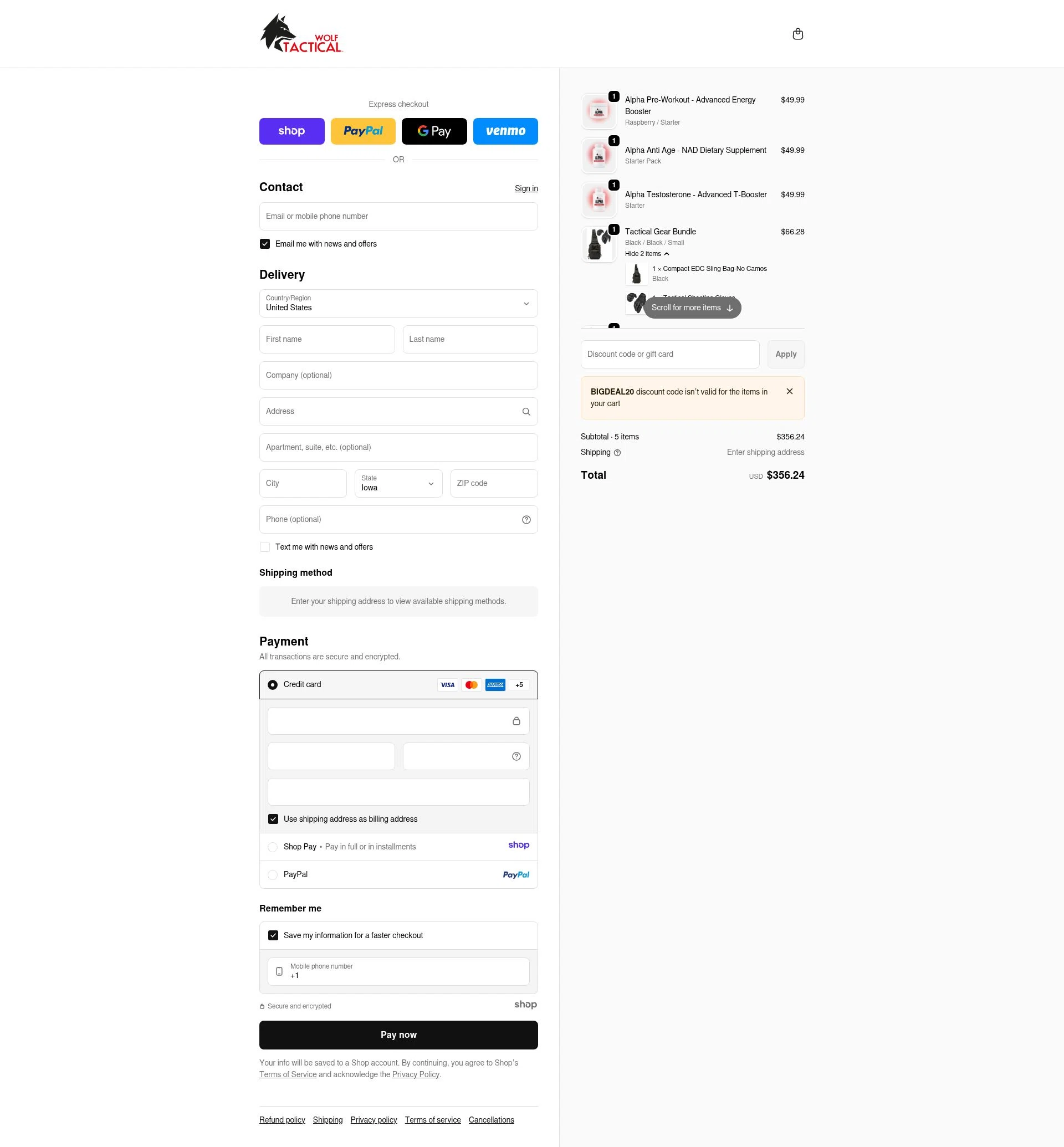 Wolf Tactical checkout page showing Wolf Tactical discount code box | Screenshot taken by SimplyCodes community member on Dec 23, 2025